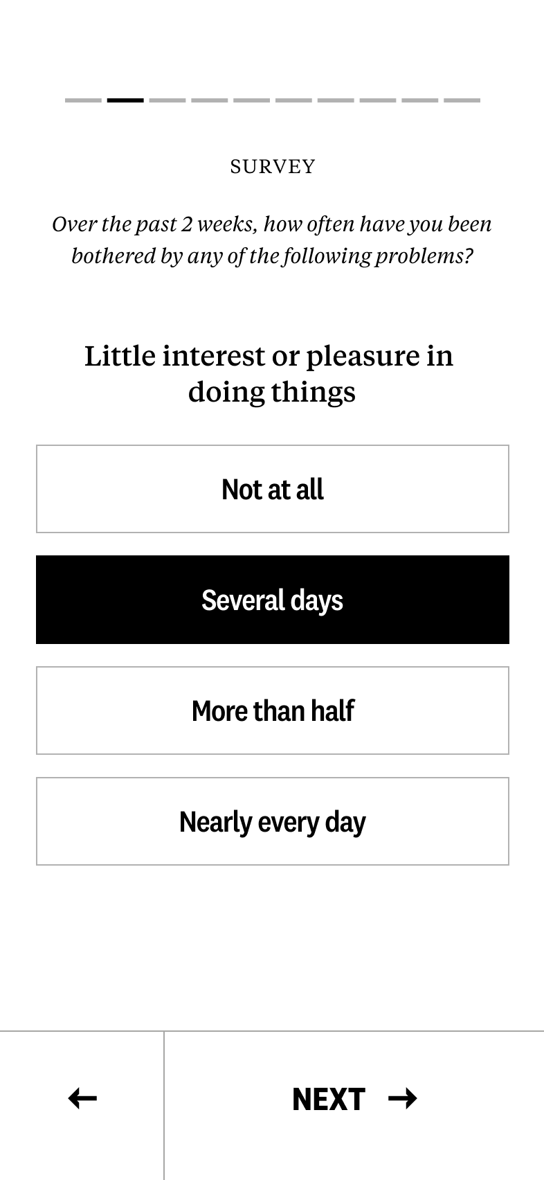 A mobile app mockup showing a clinical assessment in progress.