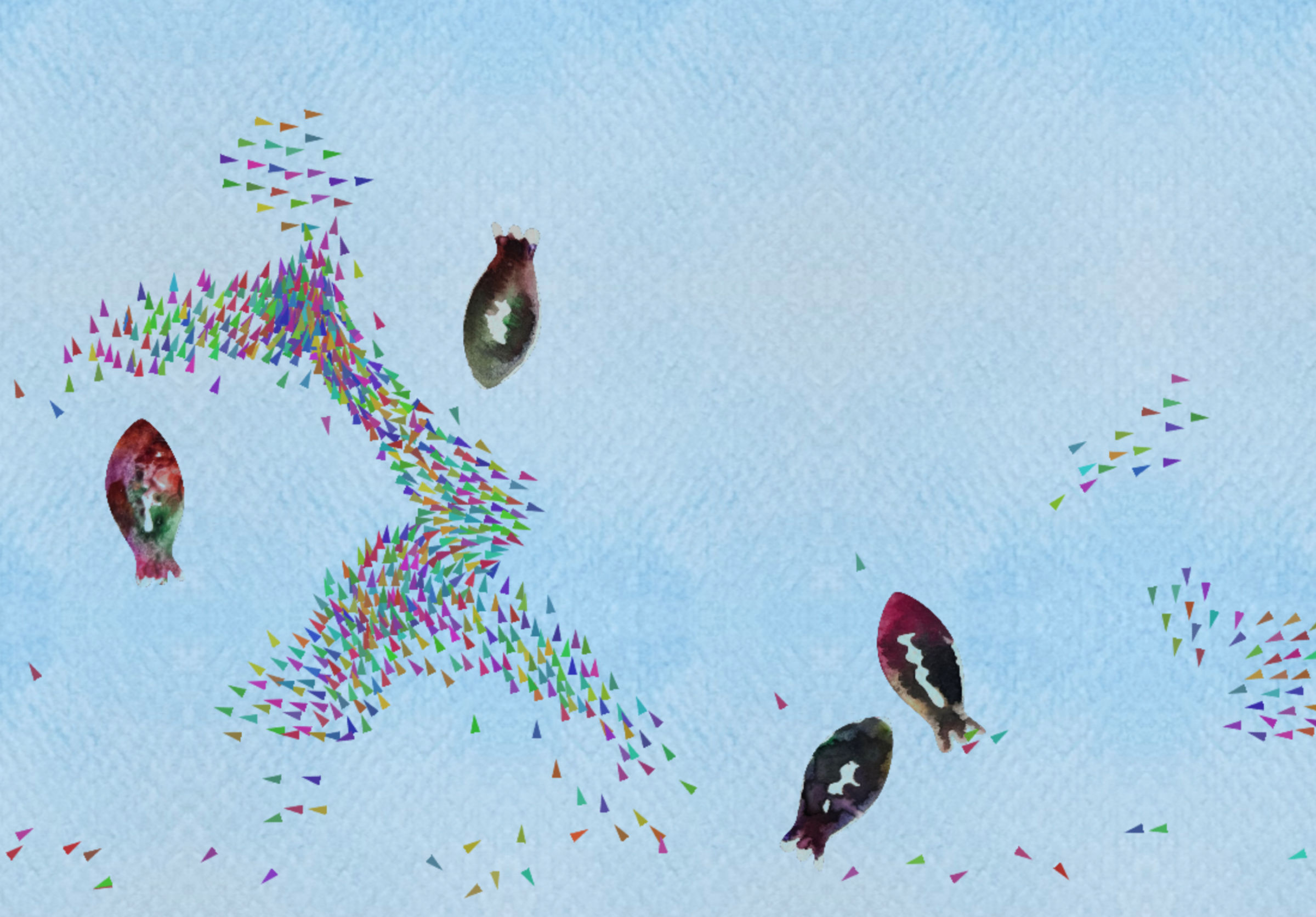 A fishtank simulation. There are many small fish and a small number of large fish.