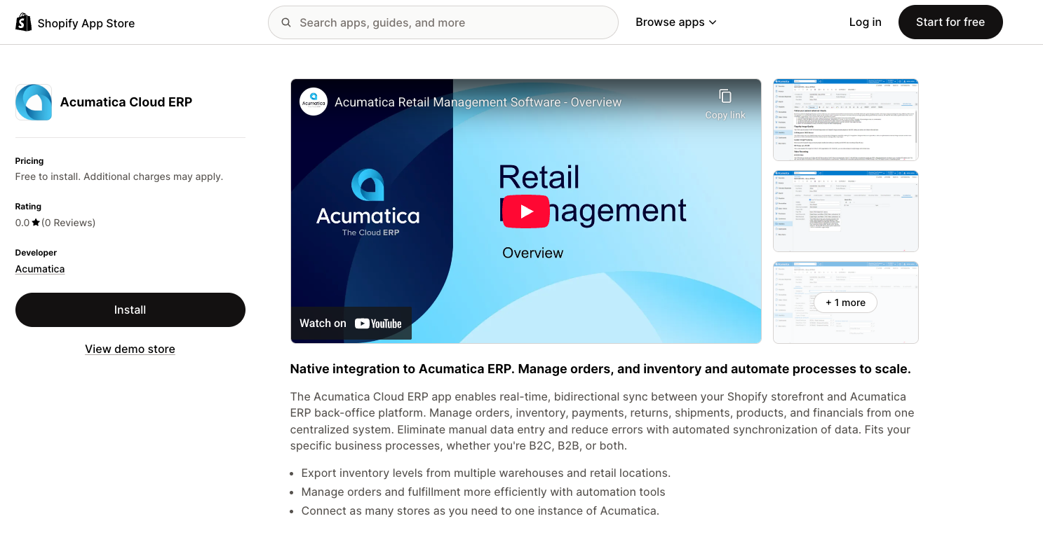 Acumatica Cloud ERP in Shopify App Store