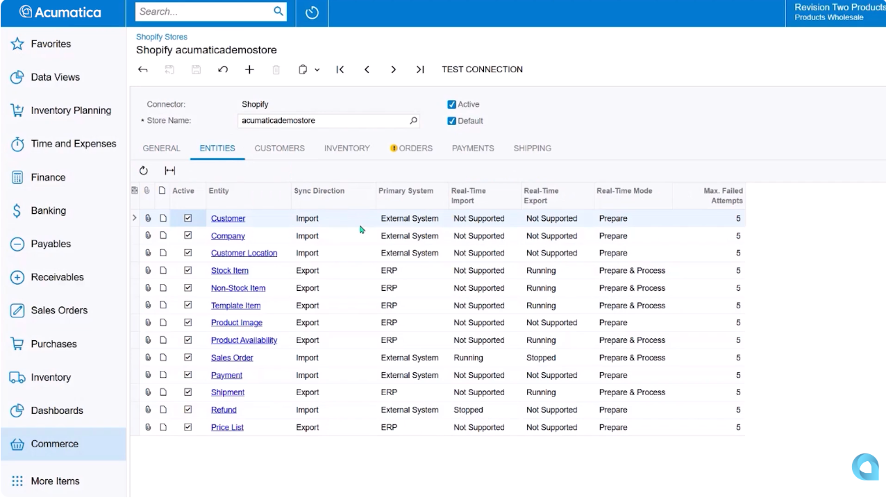Configuring Entities in the Acumatica Shopify Connector Dashboard