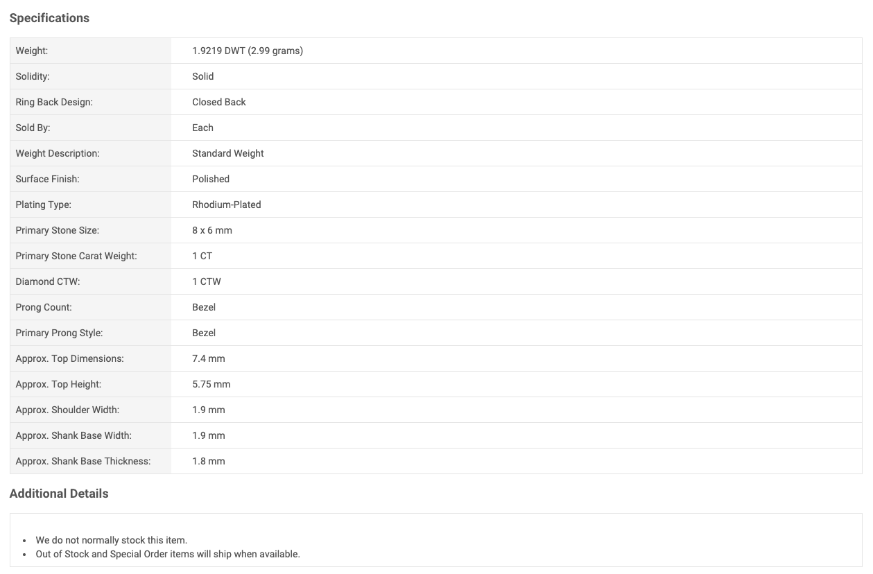 Specifications table of a jewelry parts manufacturer in their ecommerce website