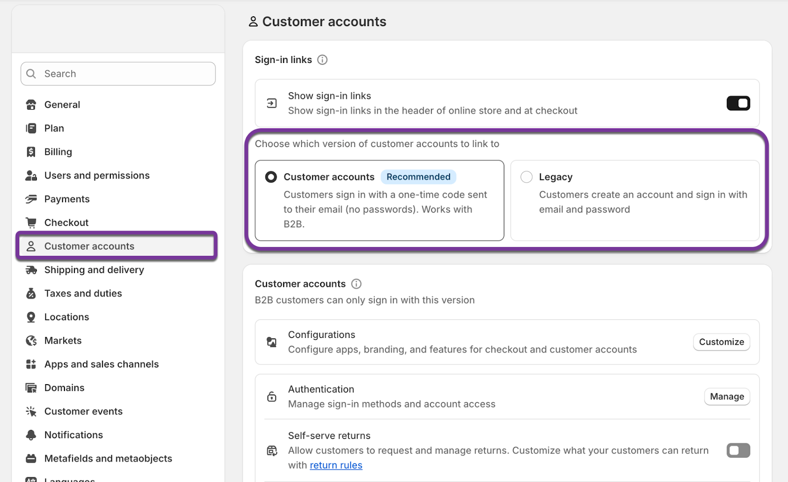 Shopify Customer Accounts how to switch in Settings