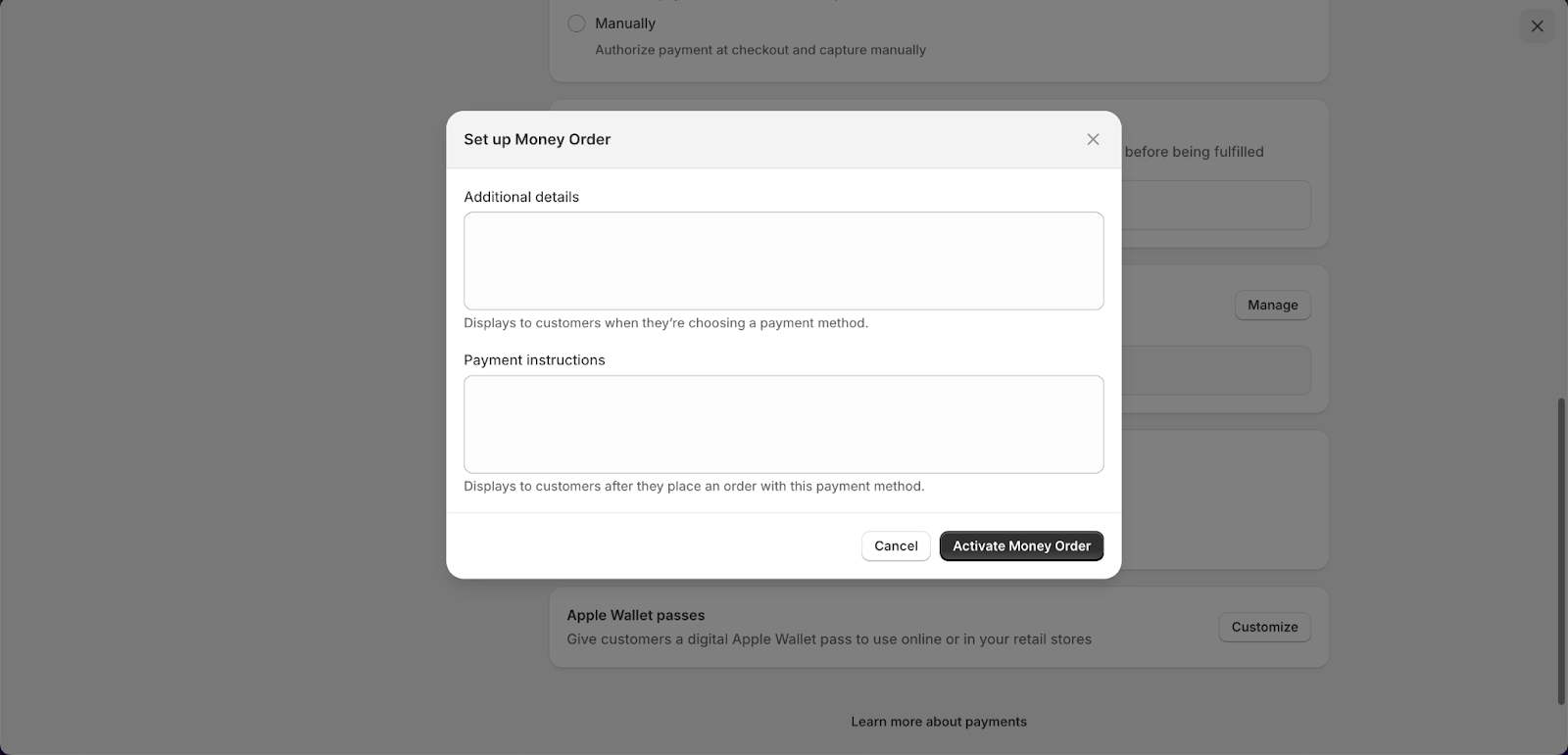 Shopify Manual Payment Methods Set up Money Order