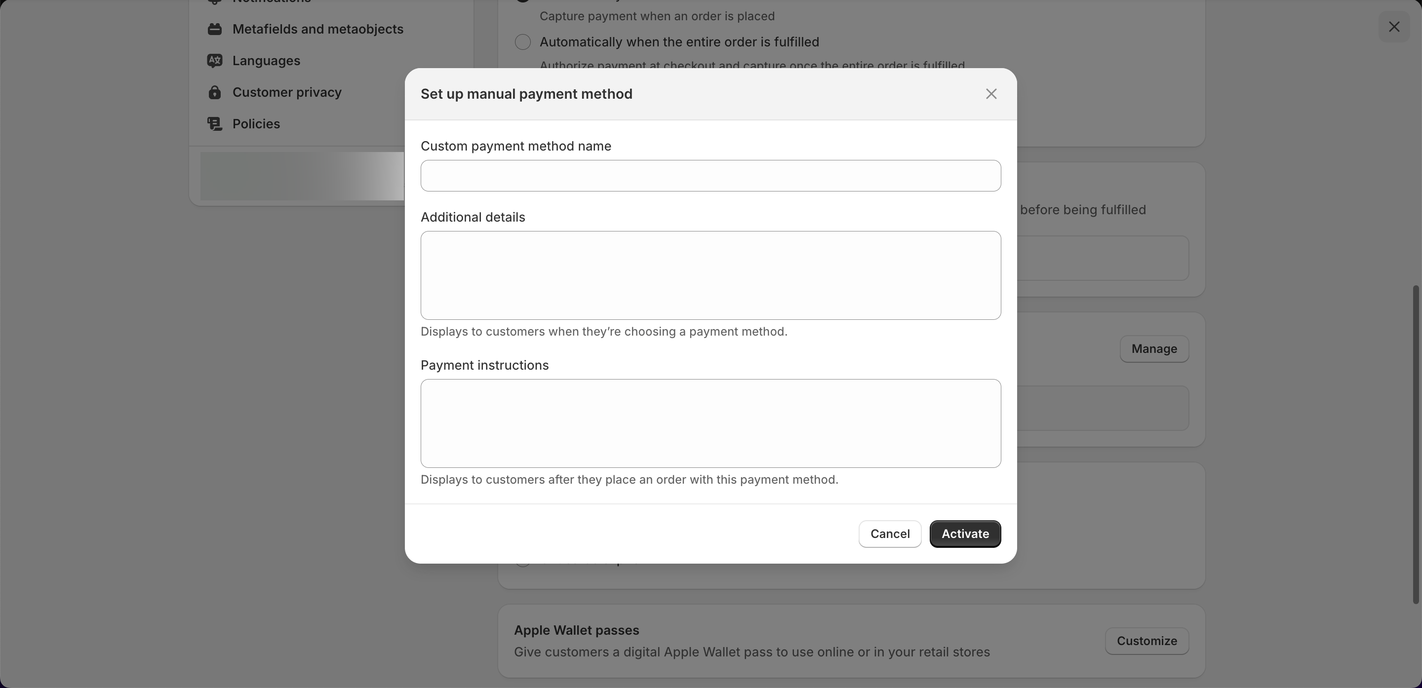 Shopify Manual Payment Methods Set Custom Payment Method