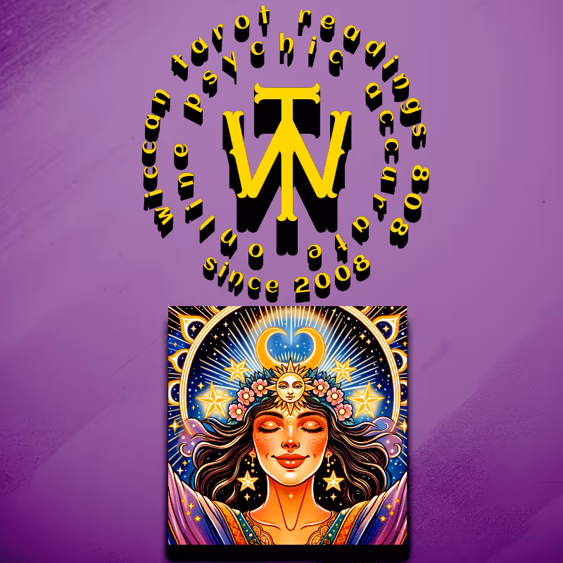 Digital artwork of a high priestess channeling energy with the Wiccan Tarot Readings 808 logo and magical light effects.