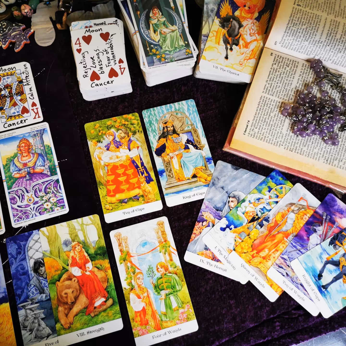 Wiccan healing tarot reading using the Golden Wheel tarot deck with sacred crystals.