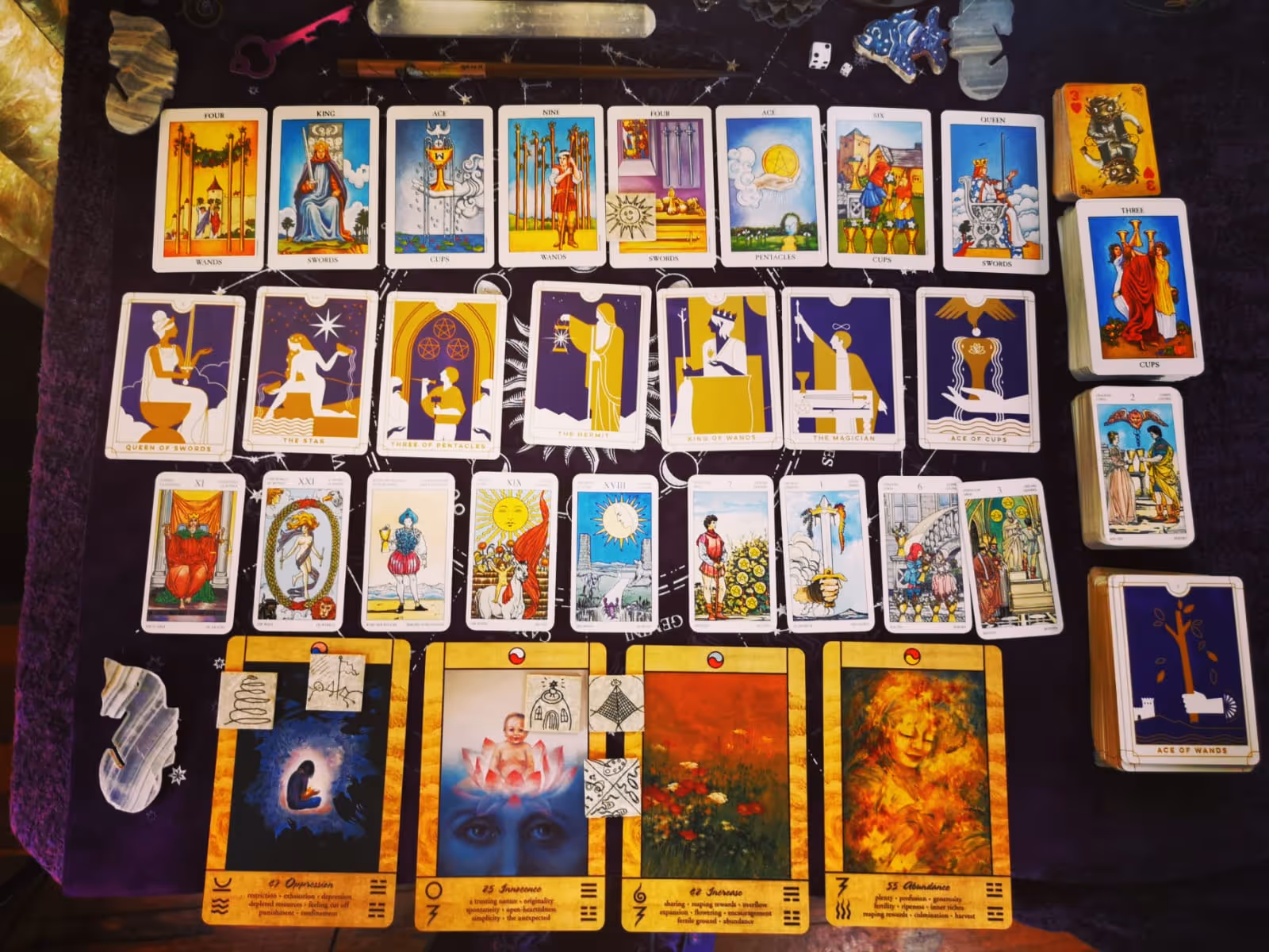 Wiccan healing tarot reading using the Everyday Tarot, RWS, Tao Oracle deck with oracle cards, wand, and sacred crystals.