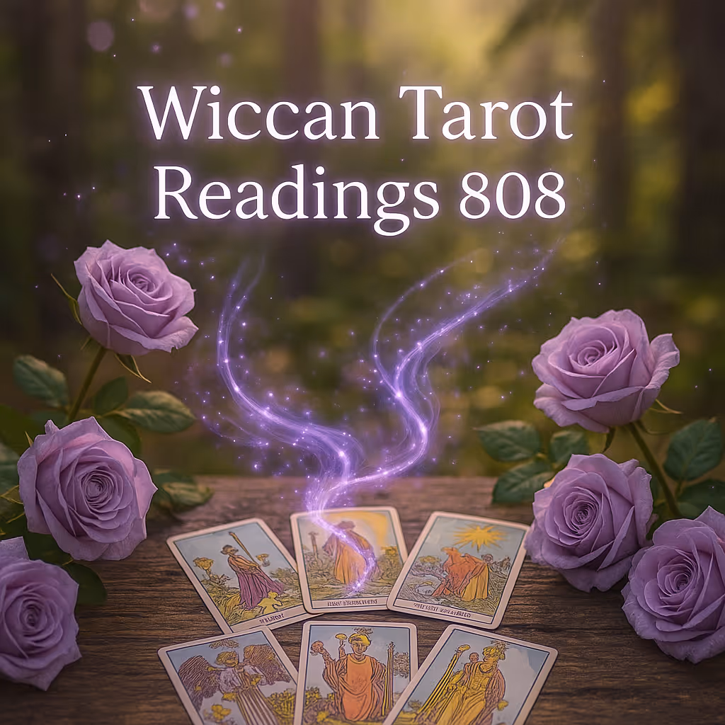 Banner featuring lavender roses and tarot cards radiating purple ethereal magic, with Wiccan Tarot Readings 808 text overlay.