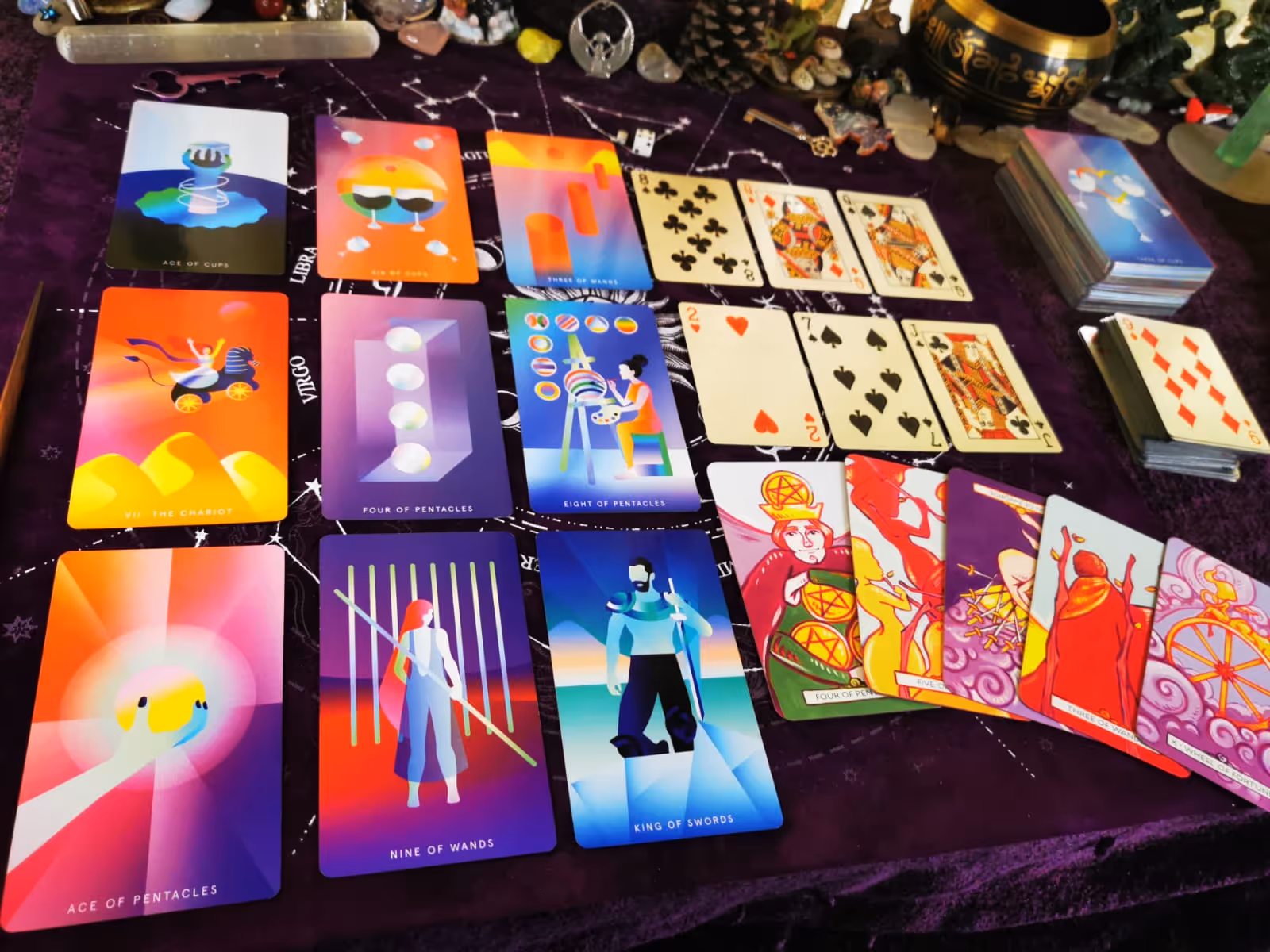 Wiccan tarot setup with Mystic Mondays and Vivid Journey decks arranged for a vibrant, intuitive reading.