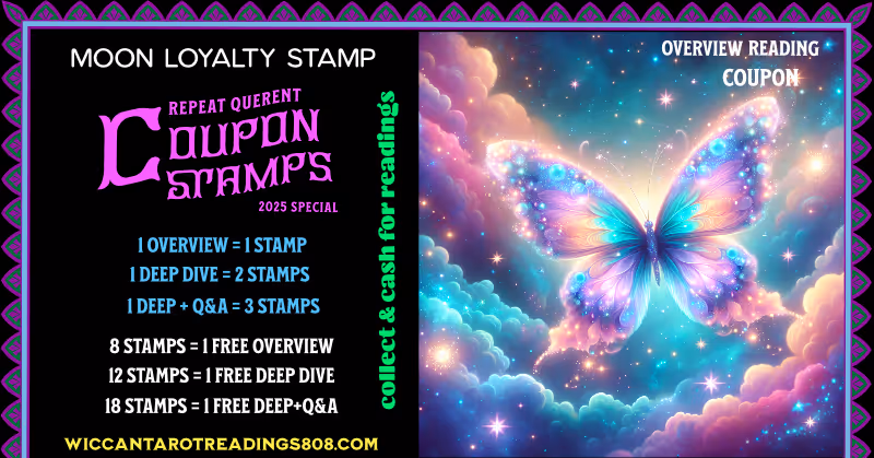 Shimmering butterfly with cosmic wings flying through a pastel nebula sky; Overview Tarot Reading Coupon representing insight and transformation.