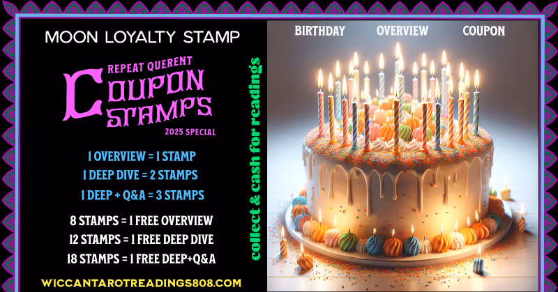 Detailed birthday cake with glowing candles and confetti in the background; magical birthday overview coupon for readings or gifts.