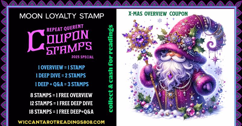 Whimsical Christmas stamp featuring a purple-robed Santa gnome with golden ornaments; a festive overview coupon with a magical holiday vibe.