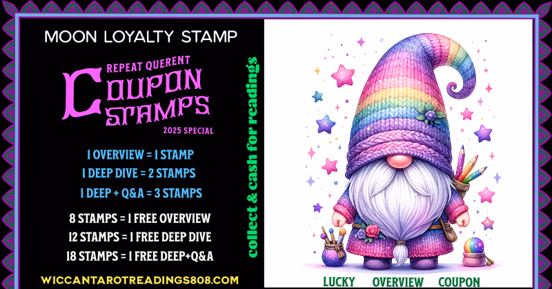 Rainbow-hatted Nordic gnome surrounded by stars and playful sparkles; Lucky Overview Coupon full of cheerful luck magic.