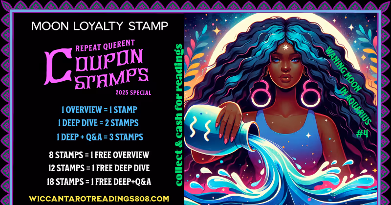 Aquarian Moon brown skin goddess pours water from a celestial pitcher beneath a waning moon; Coupon #4 of the Moon Grimoire Series.