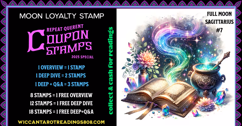 Mystical spellbook radiating etheric magic, surrounded by a cauldron and crystals under a full Sagittarius moon; Coupon #7 from the Moon Coupon Grimoire Series.