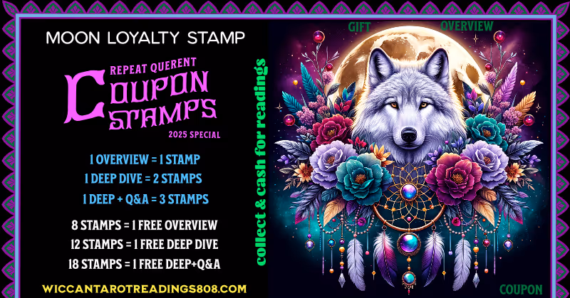 White wolf surrounded by colorful flowers with a dreamcatcher and moon behind; Gift Overview Coupon symbolizing protection of your dreams.