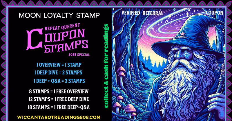 Bearded blue-robed wizard holding a staff in a twilight forest glowing with enchantment; Verified Referral Coupon with magical mentor vibes.