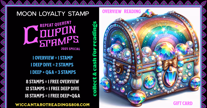 Glowing treasure chest spilling iridescent pearls and rainbow gemstones; Overview Reading Gift Card filled with treasurable insight.
