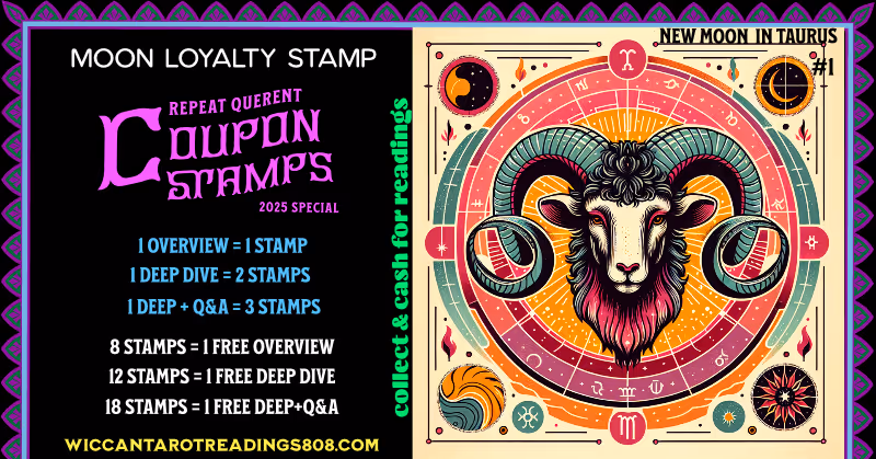 New Moon in Aries stamp featuring a ram’s head inside a zodiac wheel. Magical coupon for planting bold intentions and initiating Wiccan spellwork with courage.