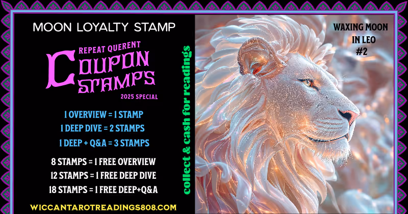 Waxing Moon in Leo stamp showing a rose gold lion with a glittering mane. A magical loyalty coupon symbolizing rising confidence, energy, and fire element magic.