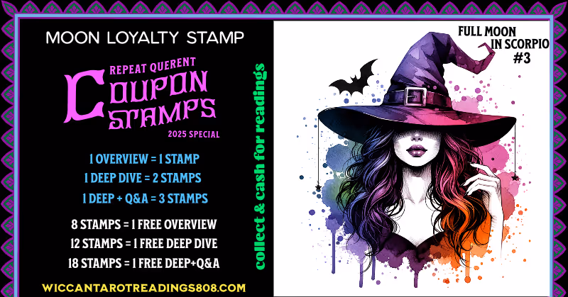 Full Moon in Scorpio stamp with a young witch wearing a hat, her eyes hidden, and a bat flying behind her. A Wiccan tarot coupon for deep truths, shadow work, and transformation.