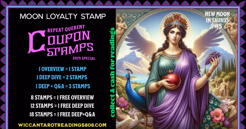 New Moon in Taurus stamp depicting a regal Roman woman in green and purple robes holding fruit, surrounded by peacocks and mountains. Coupon for grounding intentions in beauty and devotion.