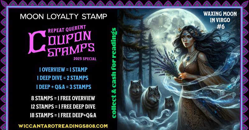 Waxing Moon in Virgo stamp with a woman in the forest accompanied by three wolves and collecting herbs. A tarot loyalty coupon for healing rituals, detail, and earth-aligned magic.