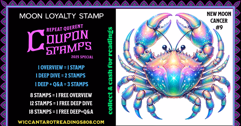 New Moon in Cancer stamp with a glowing iridescent crab. A magical loyalty stamp for self-nurturing, home protection, and deep emotional spells.