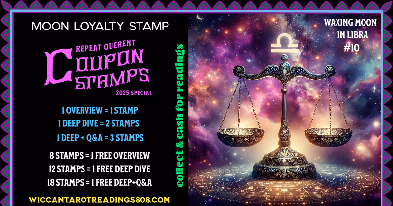 Waxing Moon in Libra stamp with golden scales over a zodiac wheel and cosmic background. Tarot loyalty coupon for balance, harmony, and beauty rituals.