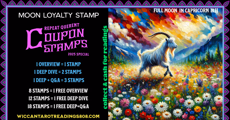 Full Moon in Capricorn stamp featuring a goat walking calmly through a prairie with mountains in the background. Spell coupon for honoring structure, goals, and spiritual ambition.