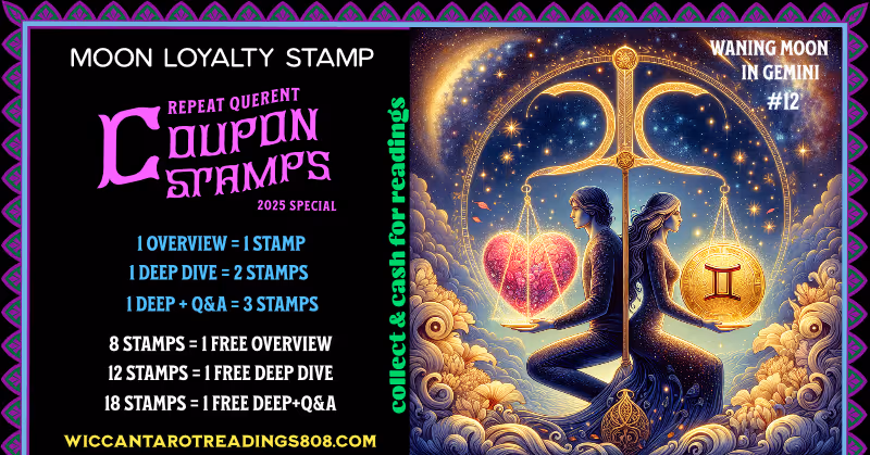 Waning Moon in Gemini stamp with a man and woman back to back on opposite sides of a cosmic scale, holding a heart and the Gemini symbol. Loyalty stamp for releasing overthinking and honoring intuitive insight.