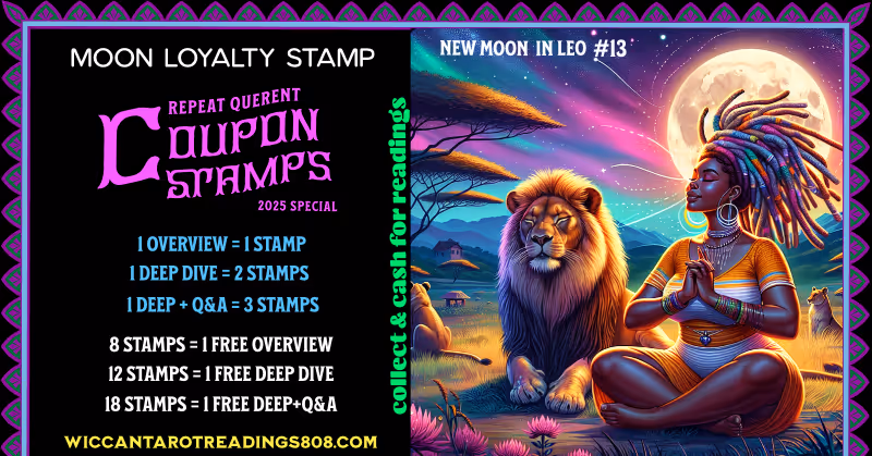New Moon in Leo stamp showing a dark-skinned woman meditating next to a lion in the savannah, with the moon behind them. Magical coupon for heart-centered intention-setting and radiant beginnings.
