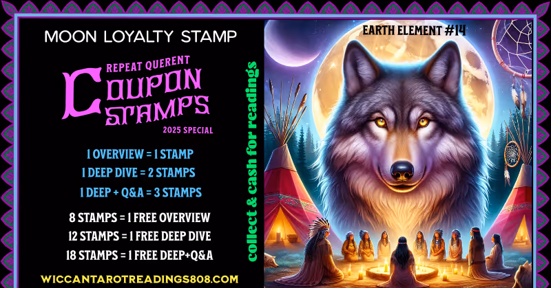 Earth element stamp featuring the spirit of the wolf in a Native American-style invocation circle under the moon. A grounding spell coupon for abundance, protection, and nature-based rituals.