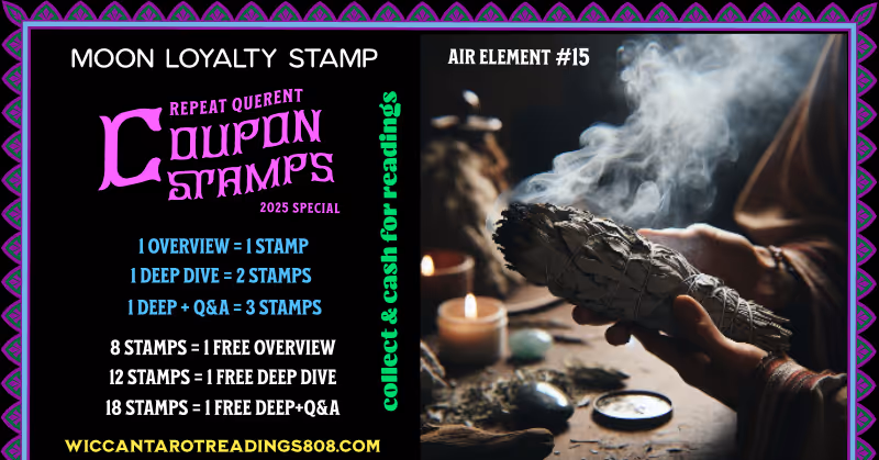 Air element stamp showing a bundle of white sage smoldering over an altar. A magical coupon for clarity, cleansing, and wind-aligned spells.