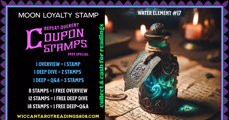 Water element stamp with a swirling turquoise potion bottle on top of an old spellbook with candlelight. A spell coupon for flow, intuition, and sacred emotion.