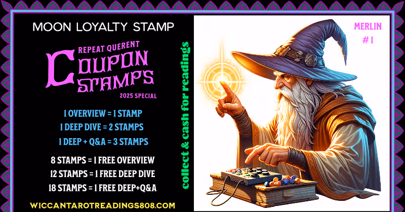 Mars Coupon stamp featuring a white-bearded wizard in a purple hat (Merlin-style) using a game controller to direct magic to his index finger. A modern spell coupon for playful mastery and digital focus.
