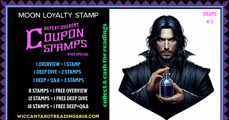 Mars Coupon stamp with a young Snape-like figure holding a glowing potion bottle at heart level. Loyalty spell coupon for inner focus and the alchemy of intention.