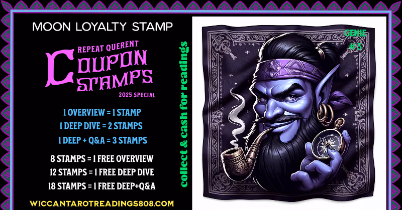 Mars Coupon stamp with a blue-skinned, modern genie smoking a pipe, compass in hand, and a bold expression. A playful magical coupon for direction, confidence, and bold wishes.