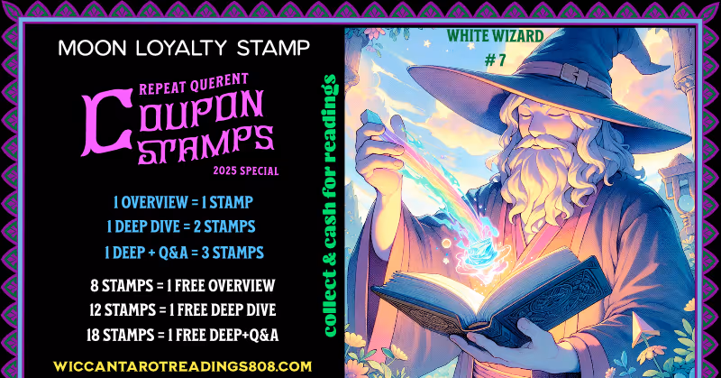 Mars Coupon stamp of a serene white wizard deep in concentration, performing book-based magic. A spell coupon for wisdom, stillness, and studied command.