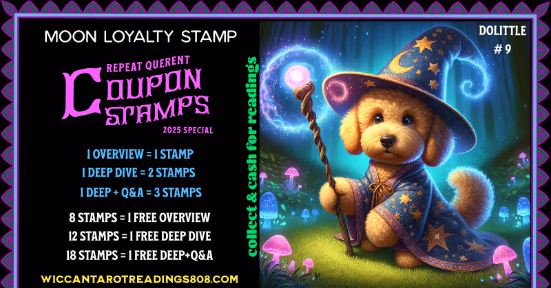 Mars Coupon stamp of a golden poodle dressed as a wizard with magic rod in a glowing forest. Loyalty coupon for joy, gentle magic, and forest enchantment.
