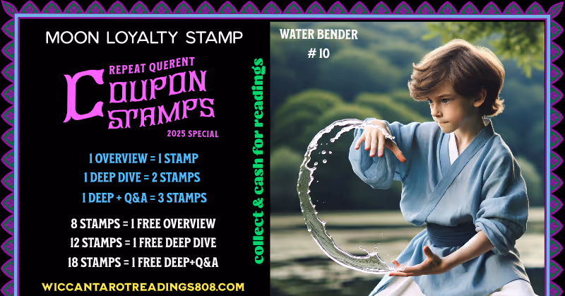 Mars Coupon stamp with a young child in martial robes bending water in focused motion. Magical coupon for power, flow, and elemental mastery.