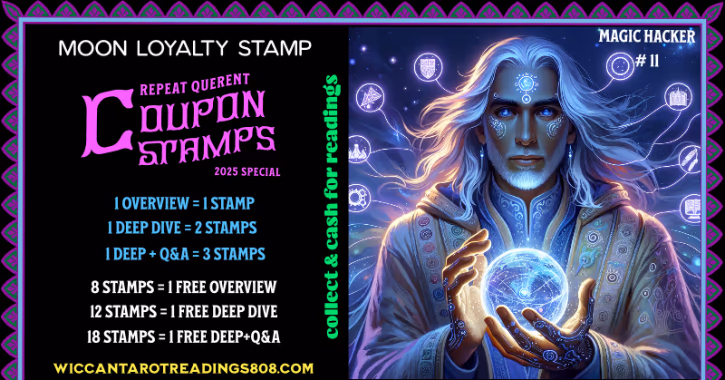 Mars Coupon stamp of a white-haired wizard holding a glowing energy orb linked to the internet with third eye activated. A high-tech spell coupon for digital magic and inner knowing.