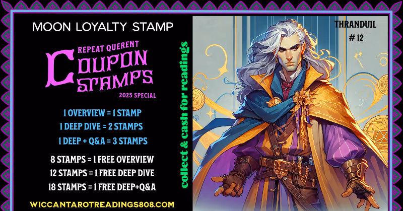 Mars Coupon stamp of a young Thranduil in purple, turquoise, and gold, effortlessly channeling magic. Spell coupon for refined power, elegance, and subtle command.