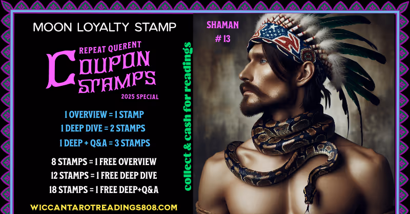 Mars Coupon stamp of a bare-chested young shaman with feathers and a snake around his neck. Loyalty stamp for ancestral connection, focus, and sacred energy.