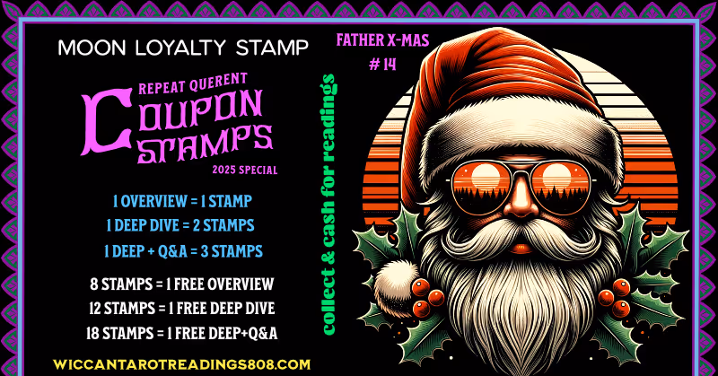 Mars Coupon stamp with a cool beach-style Santa Claus wearing aviators and mistletoe. A seasonal spell coupon for joy, generosity, and relaxed magic.