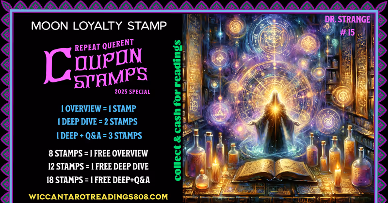 Mars Coupon stamp showing a magician in a spell room, casting energy sigils from his heart chakra. Coupon for multidimensional magic and spiritual unlocking.