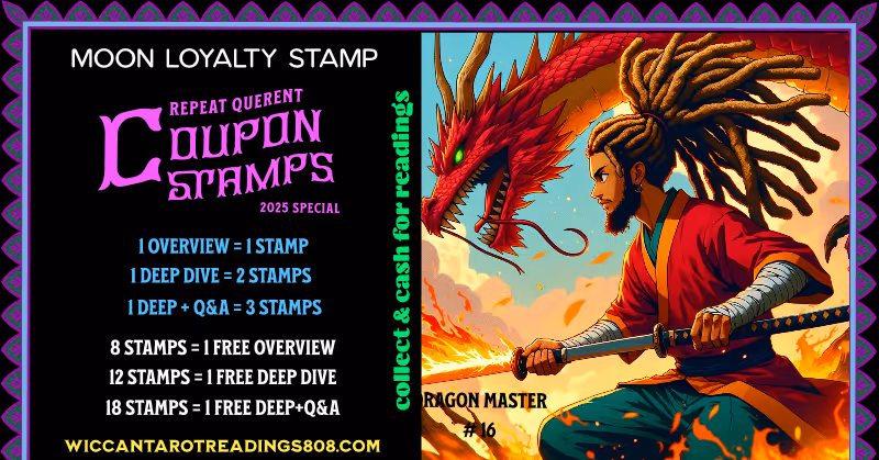 Mars Coupon stamp with a dark-skinned warrior with dreads and monk robes wielding a katana alongside a dragon. Loyalty spell for protection, strength, and courage.