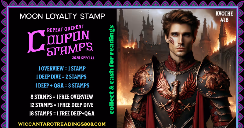 Mars Coupon stamp of a red-haired man in warrior gear standing before a burning castle. Spell coupon for resilience, storytelling, and magical legacy.