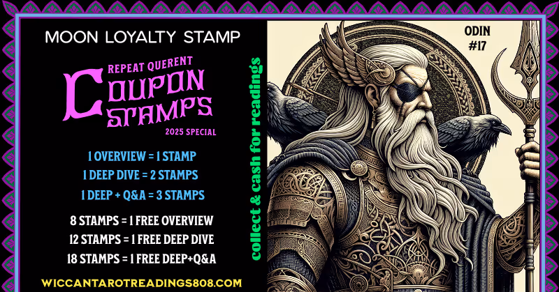 Mars Coupon stamp of white-haired Odin in armor with two ravens on his shoulders and magical staff. Coupon for foresight, wisdom, and divine strength.