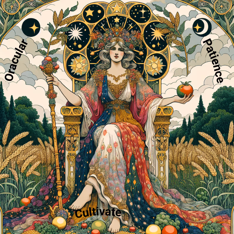 Earth Goddess on a throne with fruit, fields, and moon phases above. Symbol of divine timing and oracular patience.